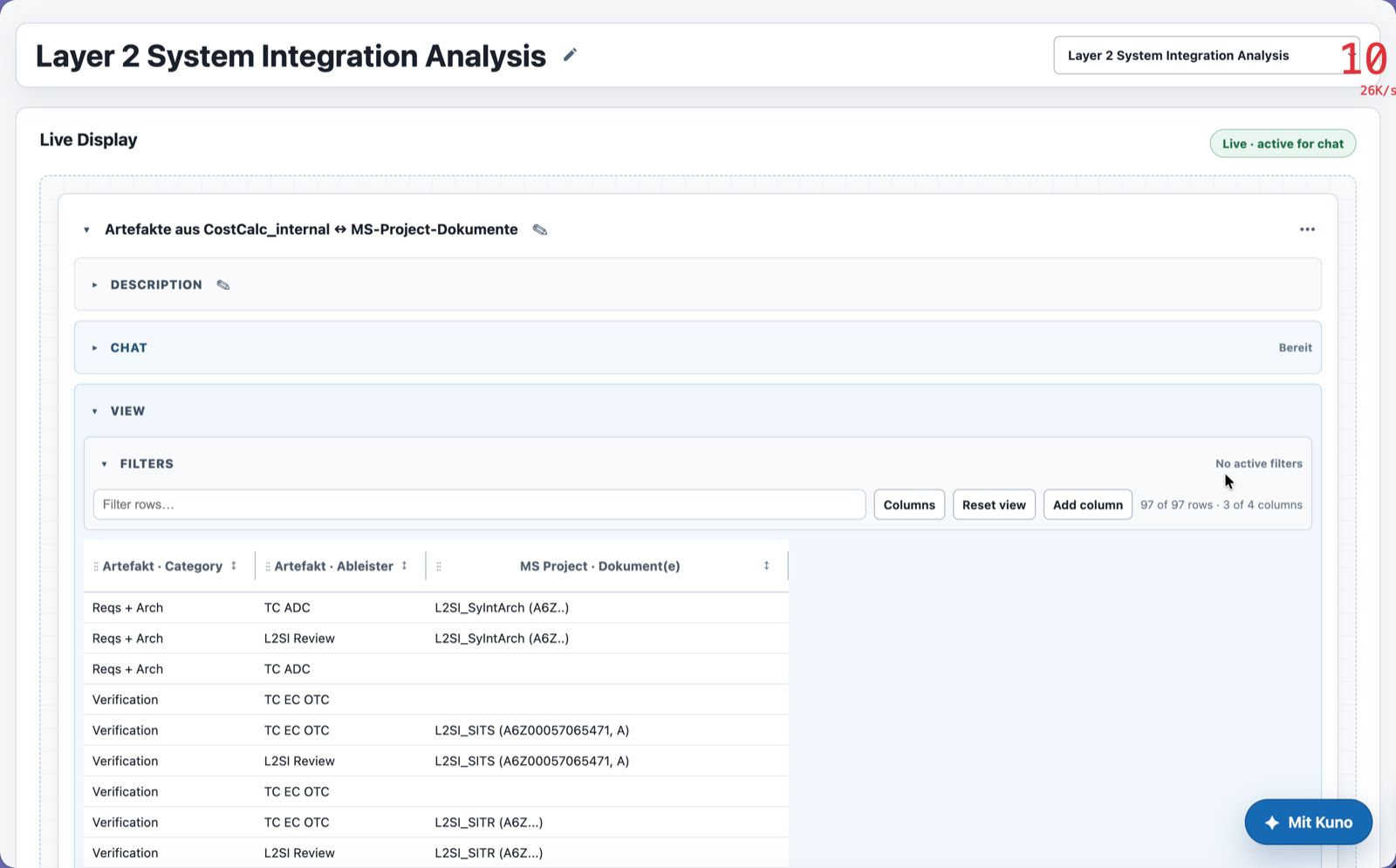 Data Analytics showing a live relational table assembled from connected project data