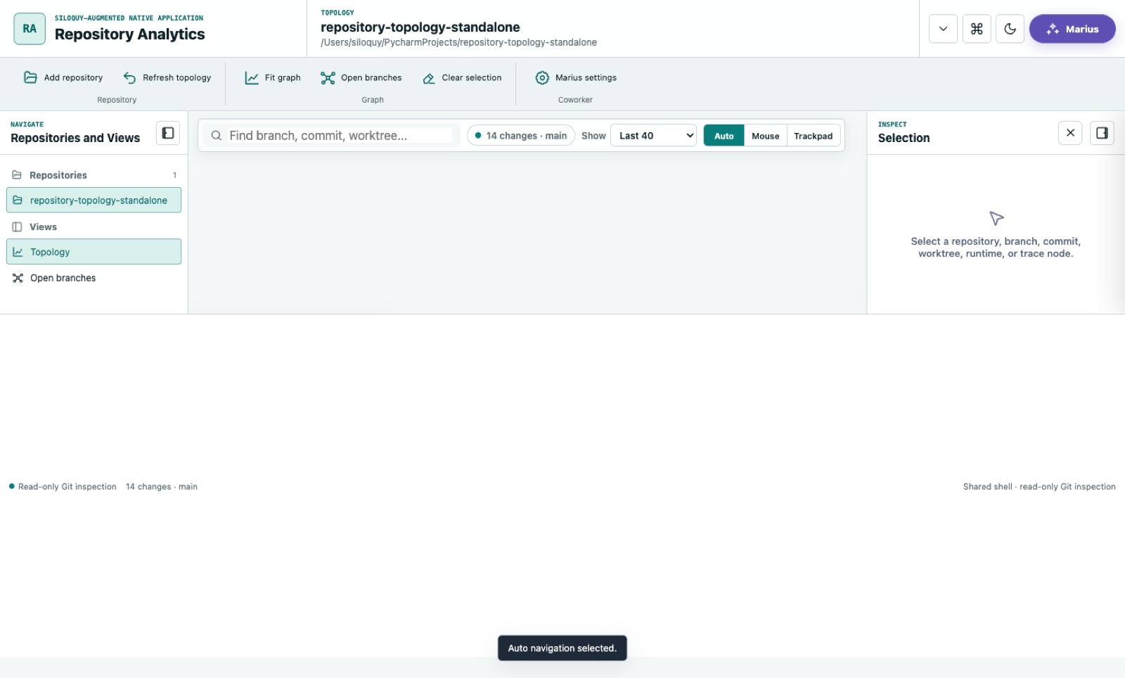Repository Analytics with repository navigation, topology graph, Coworker conversation, and commit inspection