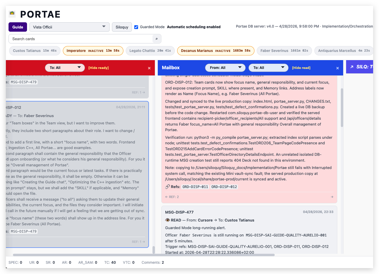 Siloquy message and dispatch perspective showing structured conversations and references